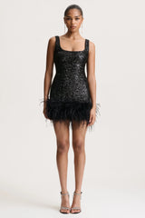 Rosalinda | Black Sequin Square-Neck Mini Dress With Feather Trim