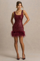 Rosalinda | Burgundy Sequin Square-Neck Mini Dress With Feather Trim