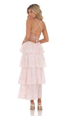 Crinkle Foiled Floral Maxi Dress in Pink