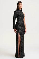 Mery | Black Sequin High-Neck Wrap Maxi Dress With One-Long Sleeve