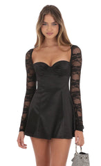 Satin Lace Sleeve Dress in Black