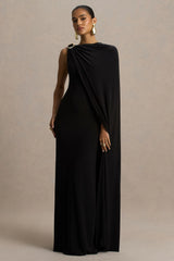 Cressida | Black Asymmetric-Neck Maxi Dress With Cape And Gold Detail