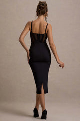Lucid Dream | Black Strappy Mesh Corset Midi Dress