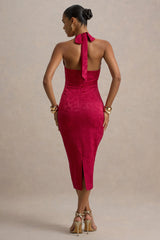 Aine | Red Satin Jacquard Cowl-Neck Midi Dress