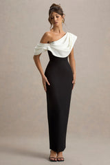 Angelina | Black & White Draped Shoulder Maxi Dress