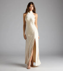 Andie Halter Open Back Slit Satin Formal Dress