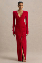 Jewel | Red Plunge-Neck Maxi Dress With Front Split and Ruched Detailing