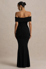 Envisioned | Black Bardot-Neck Maxi Dress With Gathered And Drape Detail