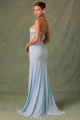 Embellished Corset Fishtail Gown in Floral Blue