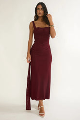 Emara Ruched Waist Sash Maxi Dress Burgundy