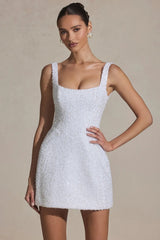 Embellished Structured A-Line Mini Dress in White