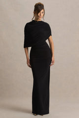Glitz | Black High-Neck Maxi Dress With Cape Sleeve and Ruched Detail