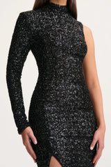 Mery | Black Sequin High-Neck Wrap Maxi Dress With One-Long Sleeve