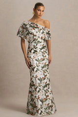 Iony | White And Green Embellished Sequin Floral And Mesh Asymmetric-Neck Maxi Dress