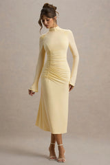 Cassandra | Pale Lemon High-Neck Long-Sleeve Midi Dress