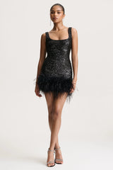 Rosalinda | Black Sequin Square-Neck Mini Dress With Feather Trim