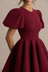 Emelia | Burgundy Puff-Sleeve Skater Mini Dress