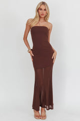 Calluna Strapless Sheer Godet Hem Maxi Dress Chocolate