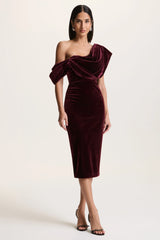 High End | Burgundy Velvet Asymmetric-Neck Midi Dress With Draped Detailing