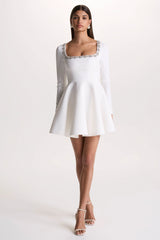 Astonish | White Long-Sleeve Embellished Square-Neck Mini Dress With Volume Skirt