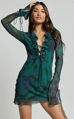 Alesya Mini Dress Ruffle Plunge Neck Long Sleeve Tie Detail Dress in Moss Adeana
