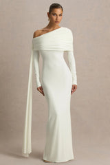 Octavia | Cream Bardot-Neck Maxi Dress With Sash And Ruched Detailing