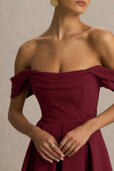 Cosima | Burgundy Bardot-Neck Midi Dress