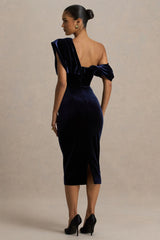 High End | Navy Velvet Asymmetric-Neck Midi Dress With Draped Detailing