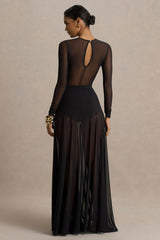 Koami | Black Mesh Long-Sleeve Ruched Maxi Dress With High Split