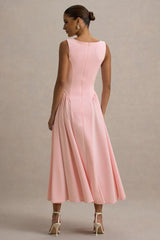 Muriel | Pink Boat-Neck Volume-Hem Midi Dress
