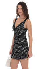 Satin Polka Dot V-Neck Dress in Black