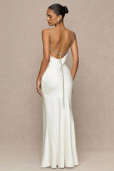 Maelia | Cream Satin Cowl-Neck Maxi Dress With Diamante Straps