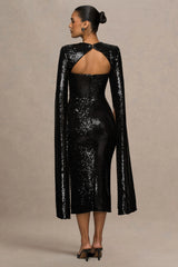 Adeline | Black Sequin Crew-Neck Midi Dress With Cape Sleeves