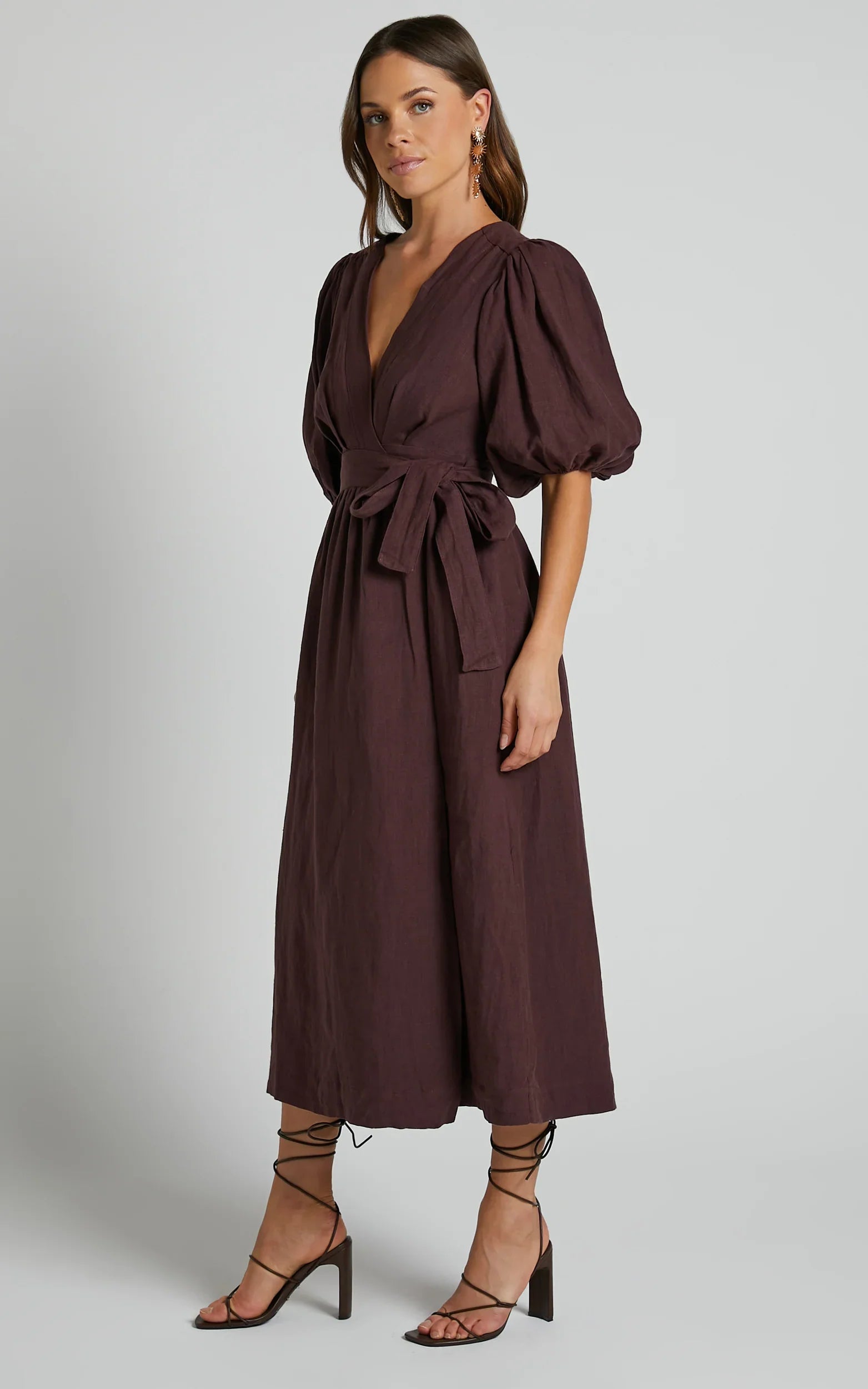 Amalie The Label - Franc Linen Puff Sleeve Wrap Midi Linen Dress