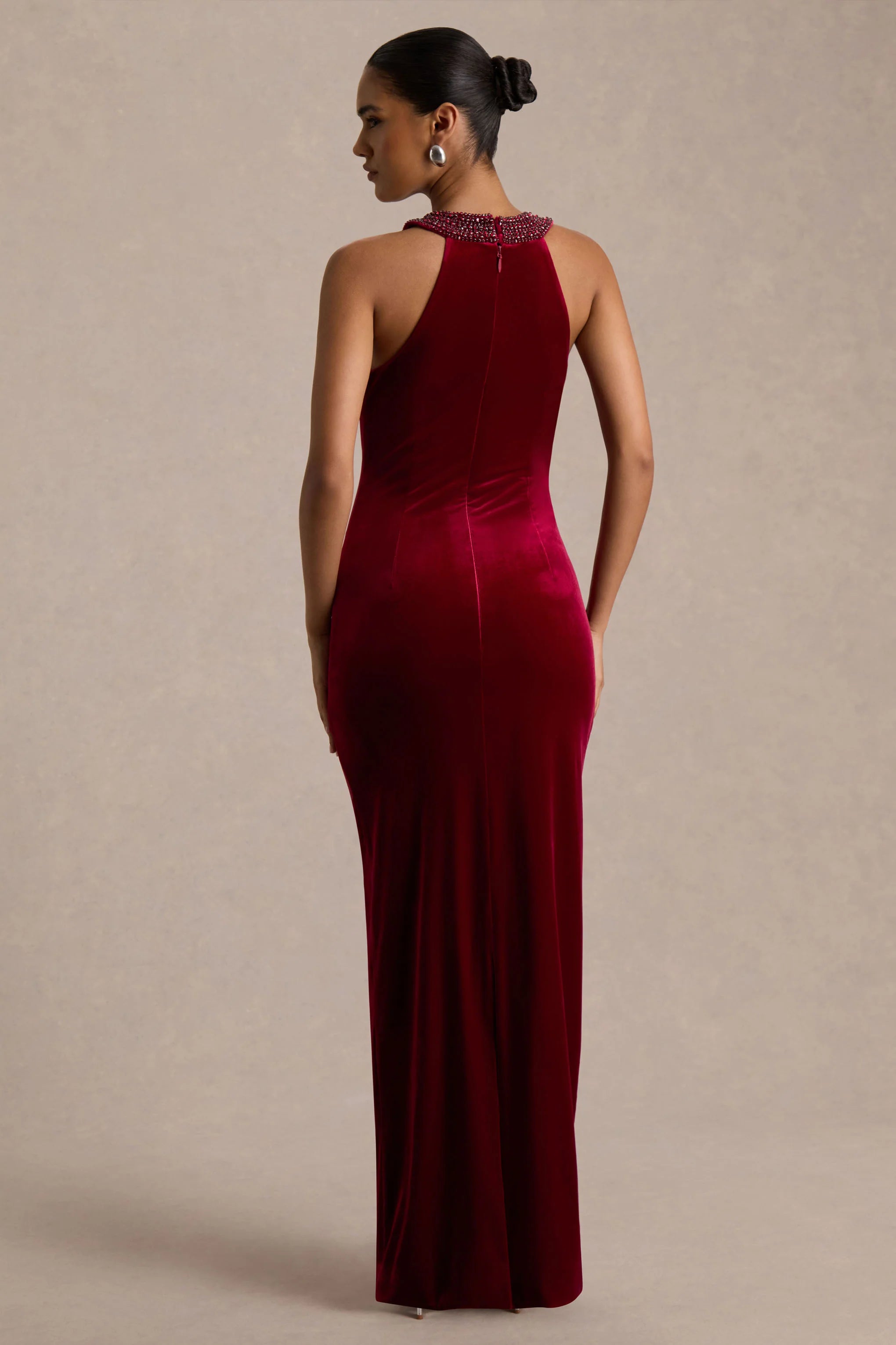 Darya | Burgundy Velvet Embellished High-Neck Maxi Dress