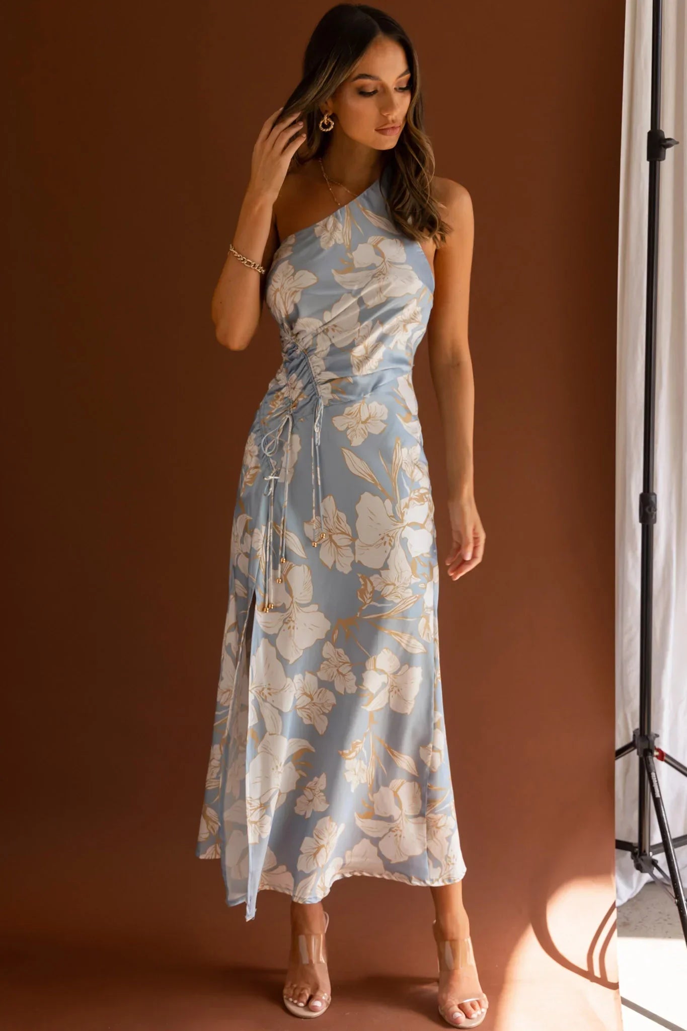 Casa Del Mar One-Shoulder Ruched Midi Dress Floral Blue