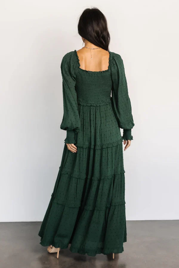 Amanda Smocked Dotted Maxi Dress | Evergreen