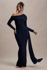 Valina | Navy Ruched Asymmetric Maxi Dress With Drape