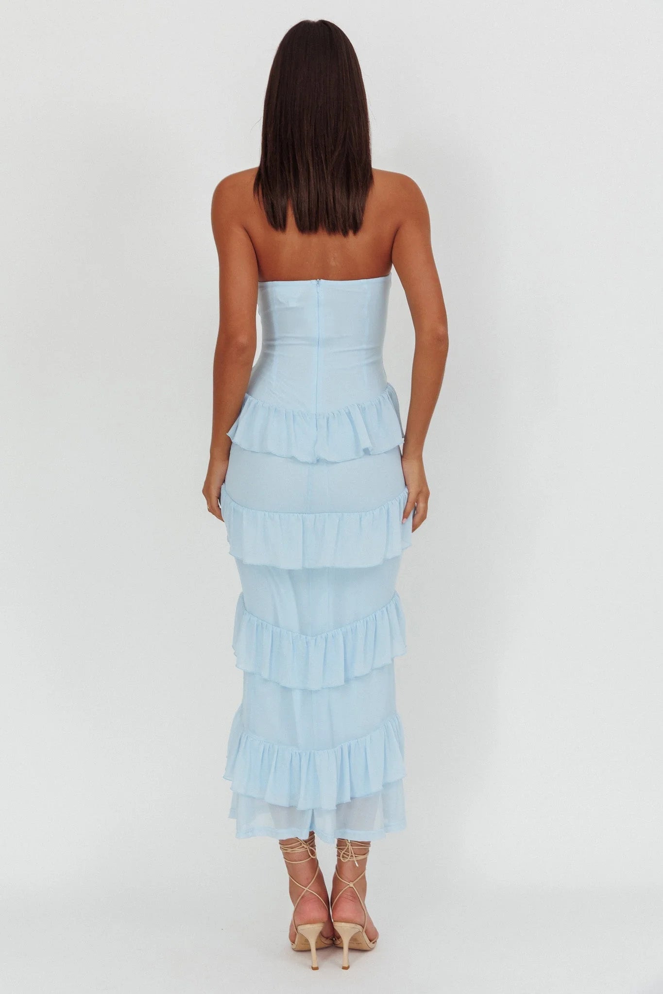 Dulce Dreams Sweetheart Neckline Frill Maxi Dress Blue