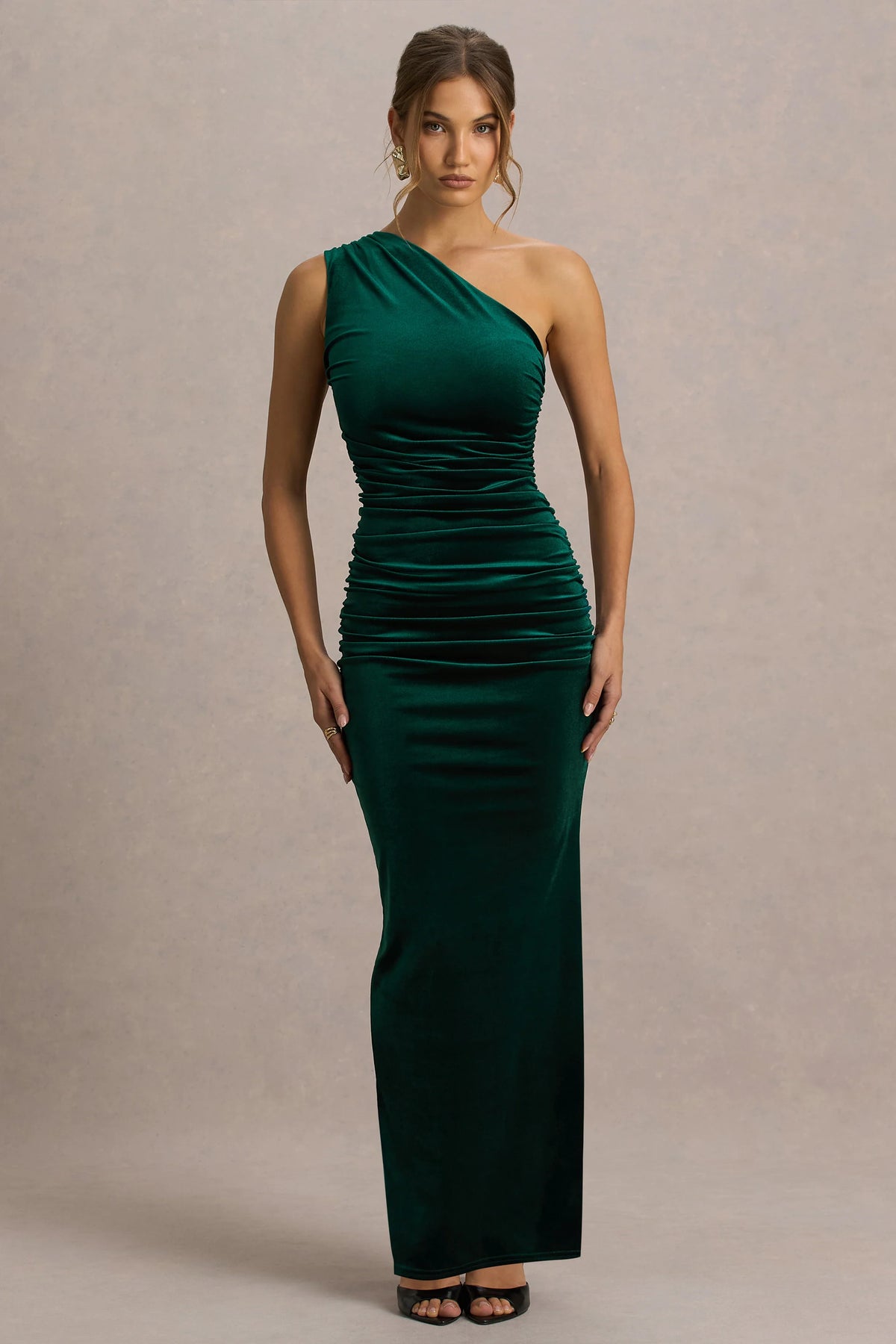 Treat | Bottle Green Velvet Asymmetric-Neck Maxi Dress With Ruched Detailing