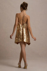 Nevada | Gold Embellished Strappy Halter-Neck Mini Dress