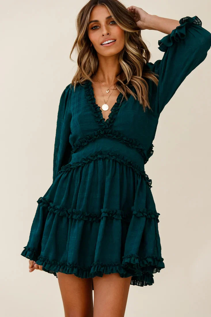 Laney Cutout Back Balloon Sleeve Dress Forest Green