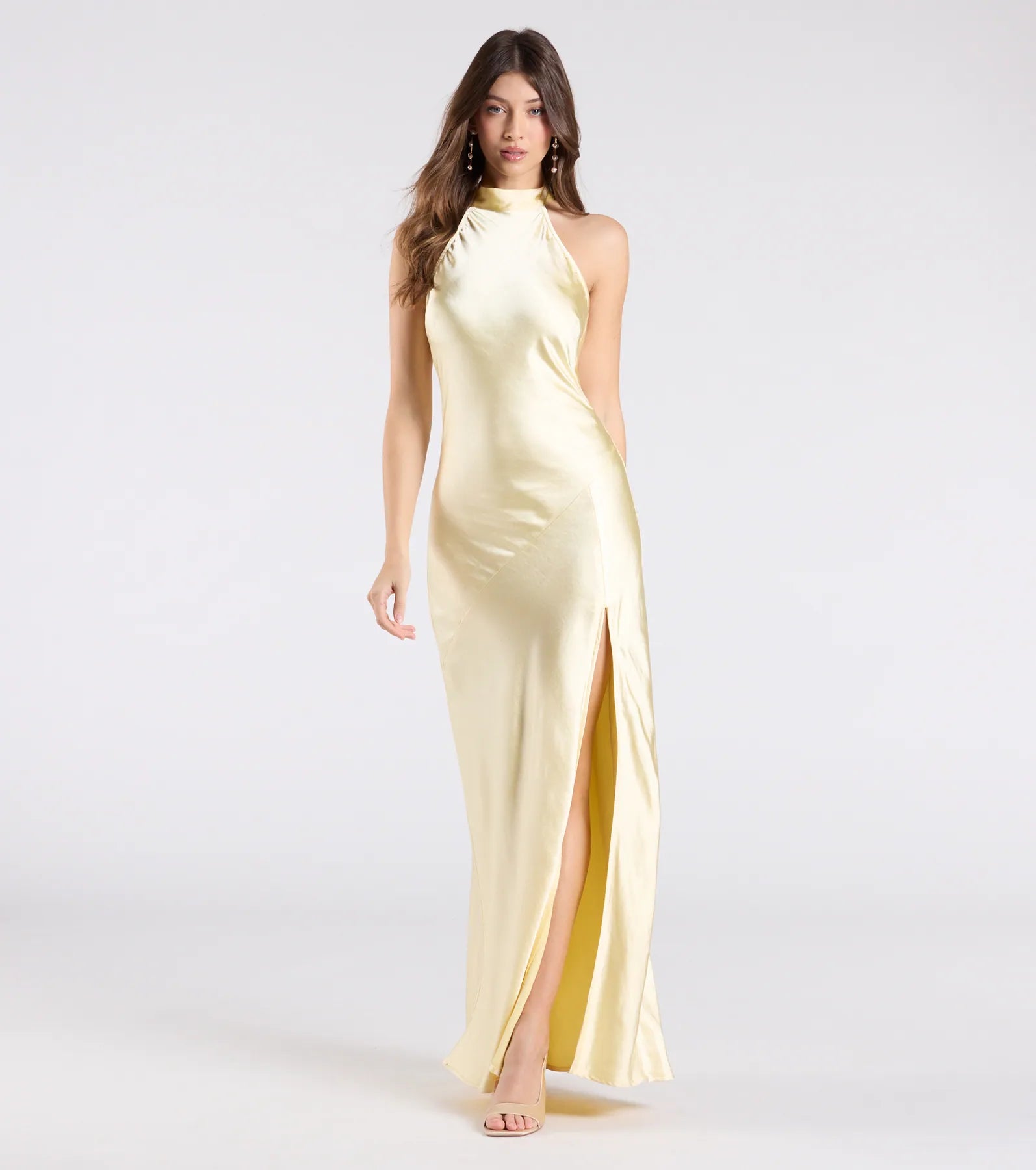 Andie Halter Open Back Slit Satin Formal Dress