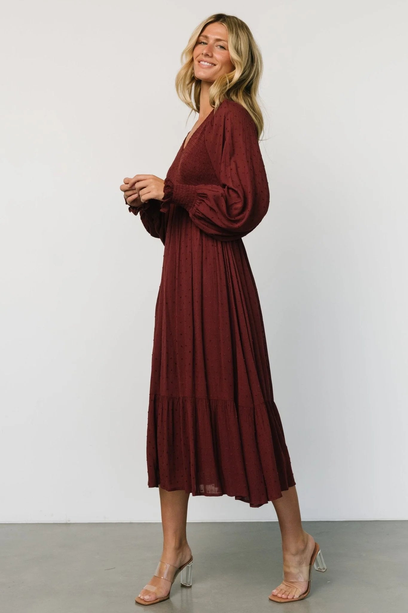 Lainey Smocked Dotted Midi Dress | Mulberry