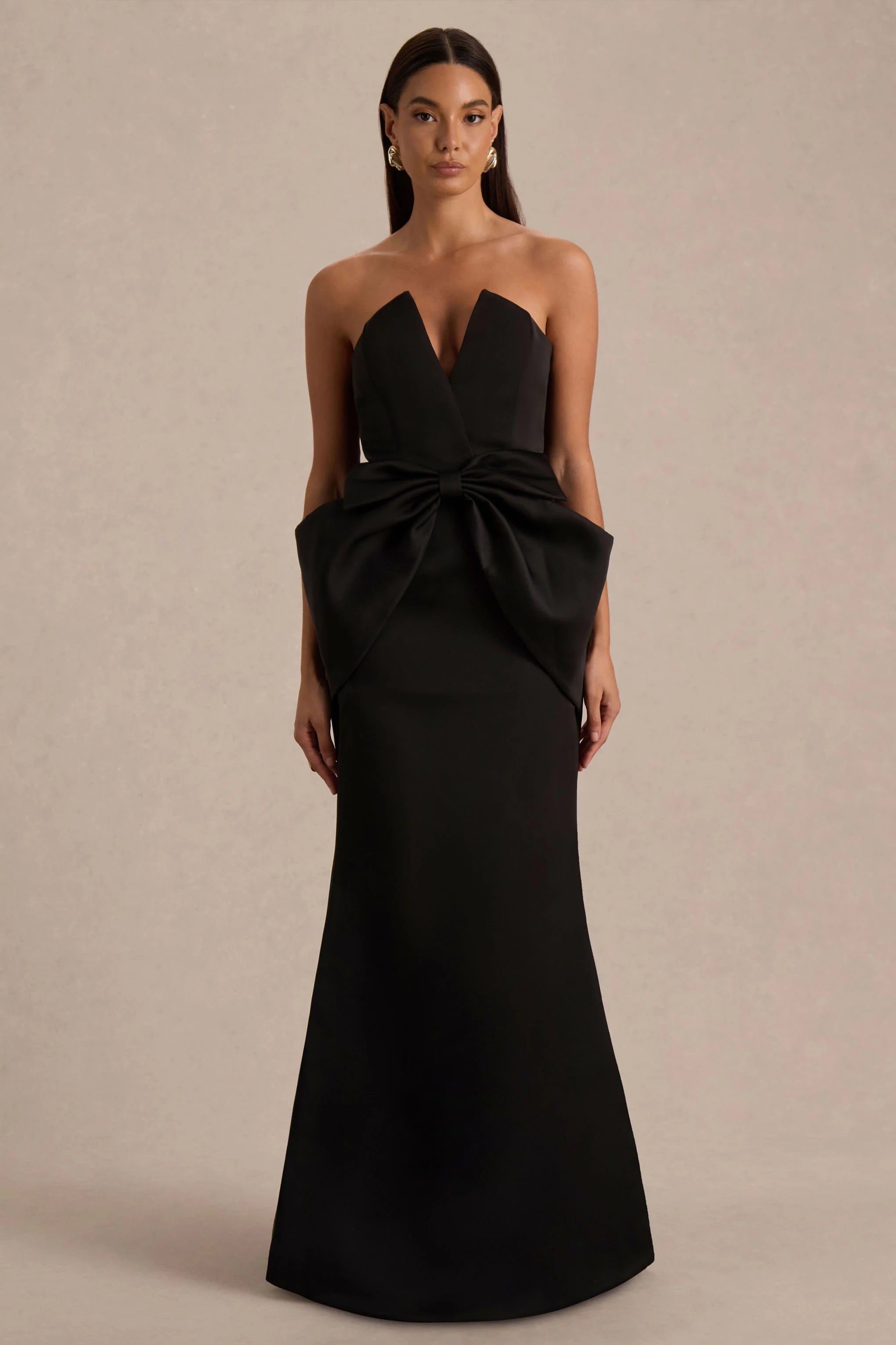 Sonata | Black Satin Bandeau Maxi Dress With Bow Detail