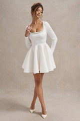 Wilder | White Square-Neck Long-Sleeve Skater Mini Dress
