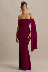 Saffina | Burgundy Bardot-Neck Maxi Dress With Sash Detail