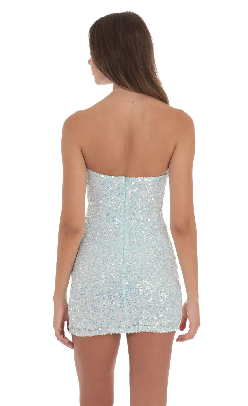 Sequin Strapless Bodycon Dress in Seafoam Blue