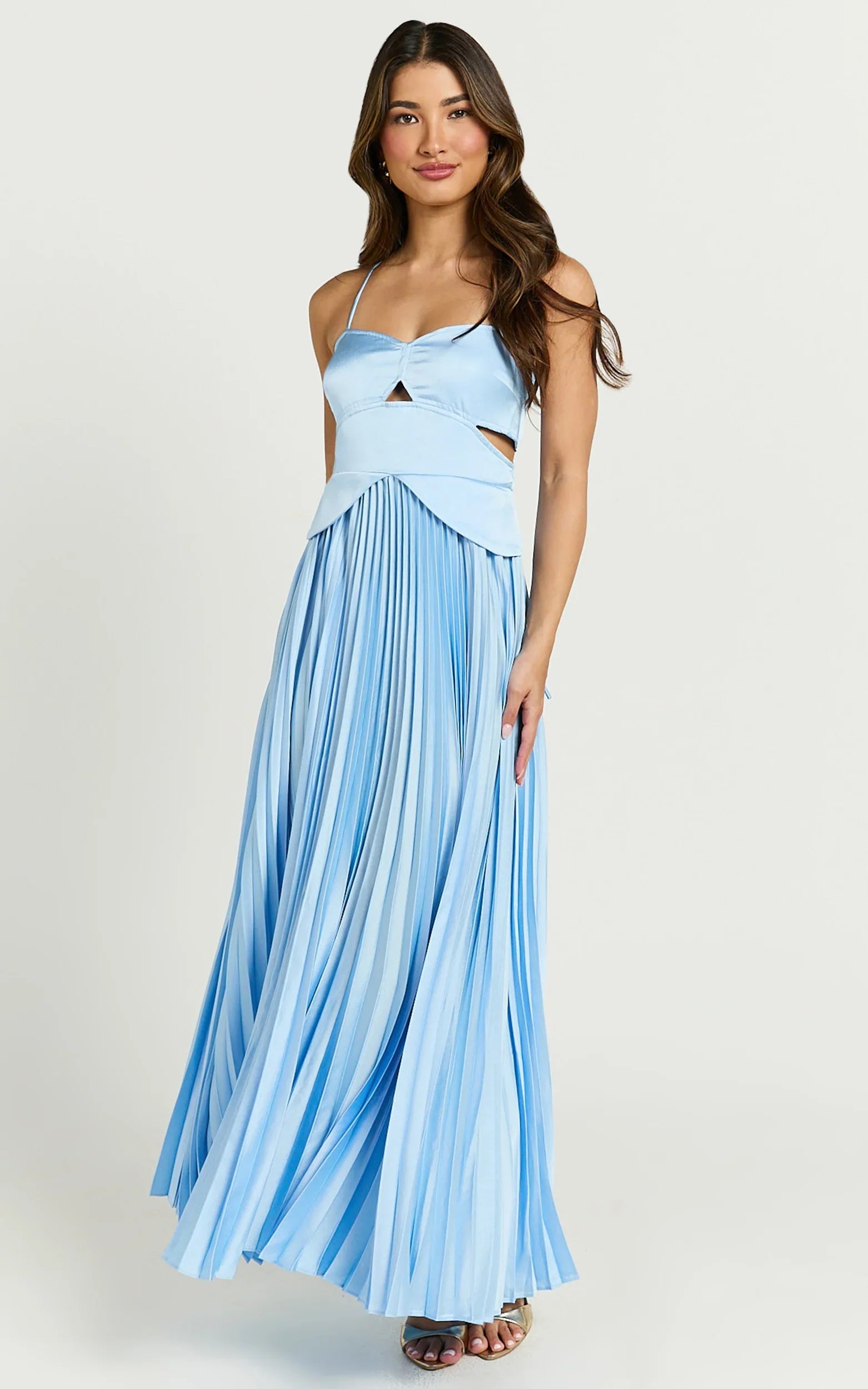 Shay Maxi Dress Sweetheart Cut Out Pleated Dress in Blue