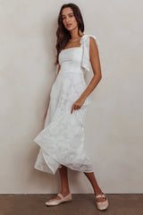 Jeanie Bow Shoulder Midi Dress Embossed White